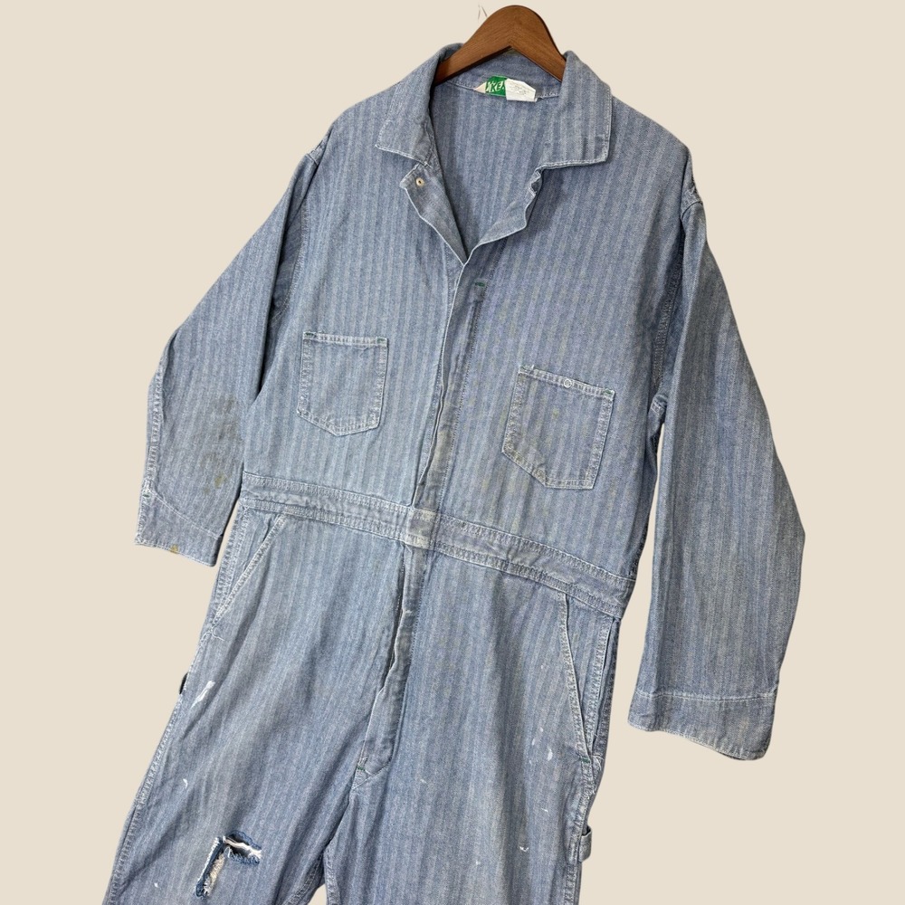 Vintage Key Coveralls Men 48 Short Blue Herringbone USA Workwear Distressed